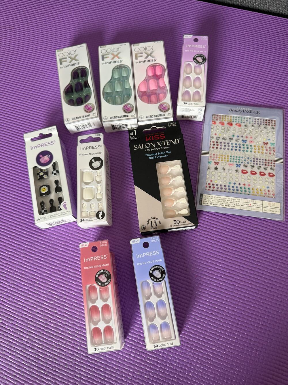 New KISS imPRESS Press On Nails Bundle 10pc ColorFX Pedi Salon X-tend